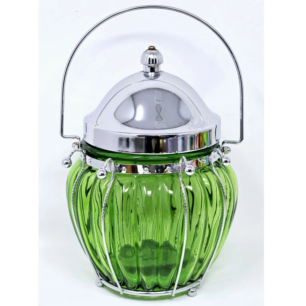 VTG Emerald Green Glass Musical Biscuit Jar w/Metal Lid  "Love Story" Japan 70’s